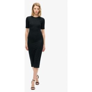 Superdryvoor vrouwen. W8011766A Gebreide midi-jurk met korte mouw engro (L), Zwart, Casual, Feest, Klassiek, Modaal, Korte mouwen