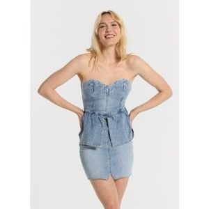 Lois Jeansvoor vrouwen. 448012610 Korset kort spijkerjurkje met off the shoulder en blauwe volant (S), Casual, Katoen, Denim, Polyester, Mou
