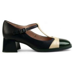 Hispanitasvoor vrouwen. CHI243595 Leren schoenen met ronde neus zwart (37), Leer, 3 tot 5 cm, Gesp, Casual