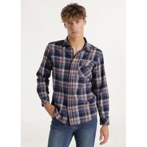 Six Valvesvoor mannen. 540541665 Navy geruit overhemd (S), Casual, Katoen, Lange mouwen, Marineblauw