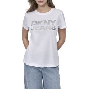DKNYvoor vrouwen. DJ5T1508 Glitter T-shirt wit (M), Casual, Katoen, Korte mouwen
