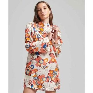 Superdryvoor vrouwen. W8011410A Witte mini jurk met lange mouw en print (XS), Casual, Viscose, Lange mouwen