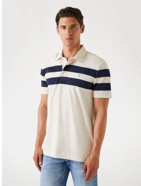 Guessvoor mannen. M5YP25K0241 Off-white gestreept poloshirt (S), Beige, Casual, Polyester, Korte mouwen