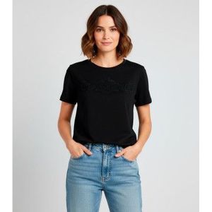 Twinsetvoor vrouwen. 252TP2052 Zwart geborduurd bloemen t-shirt (S), Casual, Katoen, Korte mouwen