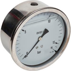INDI Manometer  100mm 0-16bar achteraansluiting RVS