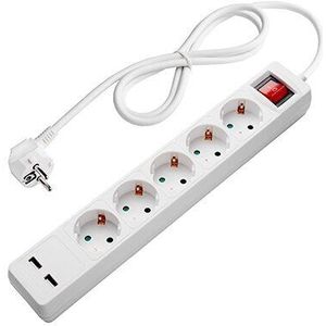 Stekkerdoos 5-voudig | Geaard | 1,5M kabel | Wit | Aan/Uit Schakelaar | 2x USB poort