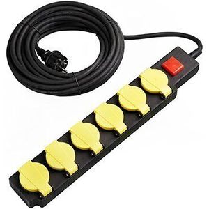 Waterbestendige Stekkerdoos 6-voudig | Geaard | 10M kabel | Zwart | Aan/Uit Schakelaar