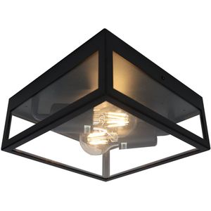Plafondlamp metaal en glas | Waterbestendig | 2x E27 fitting | Zwart