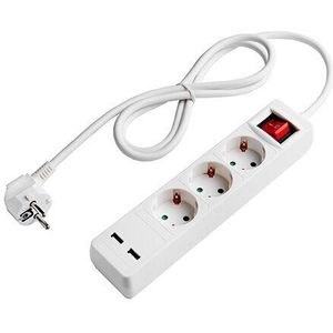 Stekkerdoos 3-voudig | Geaard | 1,5M kabel | Wit | Aan/Uit Schakelaar | 2x USB poort