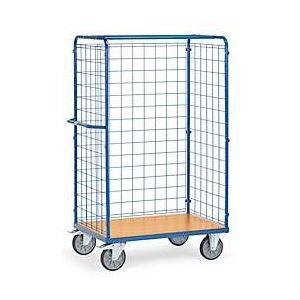 Gitterwagen fetra®,  Lenk- & Bockrollen, bis 600 kg, L 1169 x B 609 x H 1800 mm, Stahl & Holz, brillantblau RAL 5007 & Buche-Dekor
