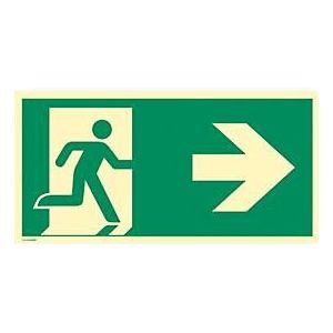 moedel Fluchtwegschild „Notausgang rechts Pfeil rechts“, nach ISO 7010 E002, Kunststoff, langnachleuchtend, B 400 x H 200 mm