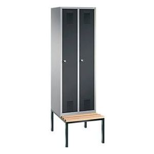 Garderobenspind Evolo S 3000, Stahl, m. untergebauter Sitzbank, 2 Abteile m. jew. B 300 mm, Zylinderschloss, weißaluminium RAL 9006/anthrazit RAL 7016