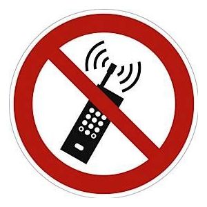 moedel Verbotsschild "Eingeschaltete Mobiltelefone verboten", nach ISO 7010, Aluminium, Ø 200 mm