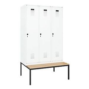 Kleiderspind C+P Evolo Plus, 3 Abteile, 400 mm Abteilbreite, mit untergebauter Sitzbank, B 1200 x T 815 x H 2120 mm, Drehriegel, verkehrsweiß/verkehrsweiß