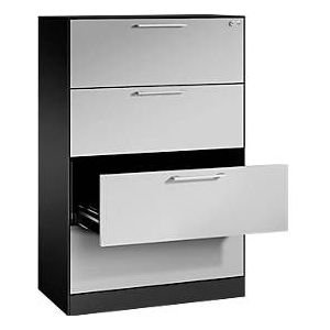 Karteikartenschrank, 2-bahnig für A4 quer, 4 Schübe mit Vollauszug & Bügelgriffen, Zentralverschluss, B 800 x T 435 x H 1298 mm, schwarzgrau/alusilber