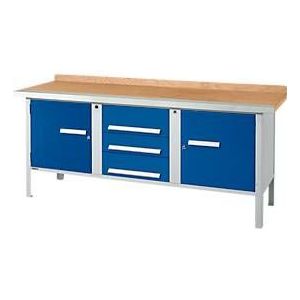 Kastenwerkbank Schäfer Shop Select PW 200-4, Buche Multiplexplatte, mit Stahlkante, bis 750 kg, B 2000 x T 700 x H 840 mm, Enzianblau