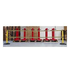 RS-GUIDESYSTEMS® Absperrpfosten GLA 250, Doppelgurt, Gurtauszug 4 m, Bodenteller Ø 410 mm, gelb/ schwarz-gelb