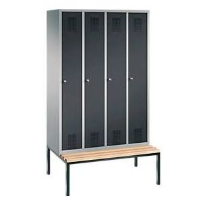 Garderobenspind Evolo S 3000, Stahl, m. untergeb. Sitzbank, 4 Abteile m. jew. B 300 mm, Zylinderschloss, weißaluminium RAL 9006/anthrazit RAL 7016