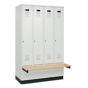 Kleiderspind C+P Evolo Plus, 4 Abteile à 300 mm Breite, Sockel, schwebende Sitzbank, B 1200 x T 815 x H 1950 mm, Zylinder, lichtgrau/lichtgrau