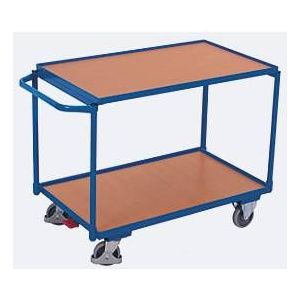 Leichter Tischwagen, Stahl/MDF-Platte, Enzianblau/Buche-Dekor, 2 Etagen, L 835 x B 505 mm, TPE-Rollen mit EasySTOP, bis 250 kg