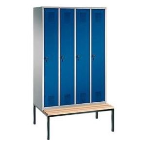 Garderobenspind Evolo S 3000, Stahl, m. untergeb. Sitzbank, 4 Abteile m. jew. B 300 mm, Sicherheitsdrehriegelverschluss, weißaluminium RAL 9006/enzianblau RAL 5010