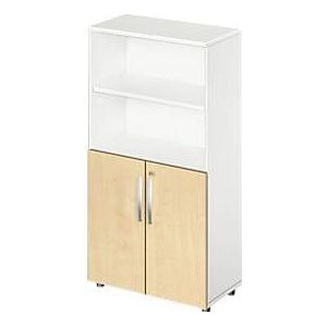Schäfer Shop Select Kombischrank LOGIN, oben 2 Regale, unten 2 Ordnerhöhen mit Türen, B 800 x T 420 x H 1514 mm, weiß/Ahorn Dekor