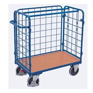 Dreiwandwagen, Stahl/MDF-Platte, Enzianblau/Buche-Dekor, L 1000 x B 700 mm, Nutzhöhe 925 mm, einhängbare Längswand, EasySTOP, bis 500 kg