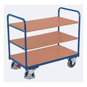Etagenwagen, Stahl/MDF-Platte, Enzianblau/Buche-Dekor, 3 Etagen, 1000 x 700 mm, EasySTOP, bis 250 kg