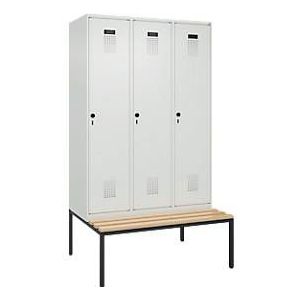 Kleiderspind C+P Evolo Plus, 3 Abteile, 400 mm Abteilbreite, mit untergebauter Sitzbank, B 1200 x T 815 x H 2120 mm, Drehriegel, lichtgrau/lichtgrau