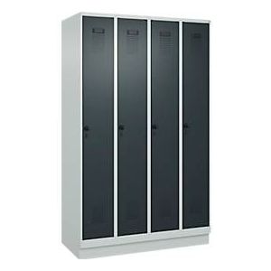 Kleiderspind C+P Evolo Plus, 4 Abteile, 300 mm Abteilbreite, mit Sockel, Anschlag rechts, B 1200 x T 500 x H 1950 mm, Drehriegel, lichtgrau/anthrazitgrau