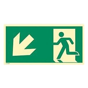 moedel Fluchtwegschild „Notausgang links abwärts“, nach ISO 7010 E001, Aluminium 1,8 mm, langnachleuchtend, B 594 x H 297 mm