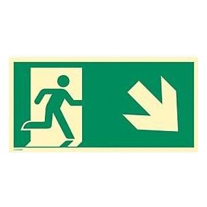 moedel Hinweisschild „Notausgang rechts Pfeil abwärts“, EN ISO 7010, Leuchtklasse C, 160 mcd/m², bis 14,8 m, selbstklebend, L 148 x B 297 mm, Kunststoff, grün