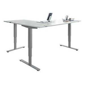 Winkelschreibtisch AERO FLEX, elektrisch höhenverstellbar, 90° Winkel, T-Fuß, B 2000 x T 1600 mm, lichtgrau/weißalu + Memorypanel