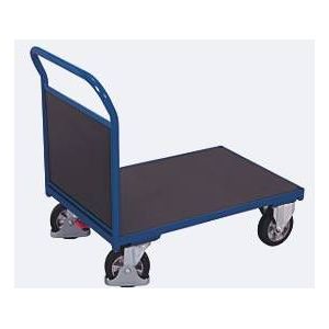 Stirnwandwagen, Stahl/Siebdruckplatte, Enzianblau/Dunkelbraun, L 1025 x B 700 mm, Vollgummi-Rollen mit EasySTOP, bis 1000 kg
