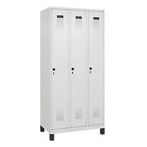 Kleiderspind C+P Evolo Plus, 3 Abteile, 300 mm Abteilbreite, mit Füßen, Drehriegel, B 900 x T 500 x H 1950 mm, lichtgrau/lichtgrau