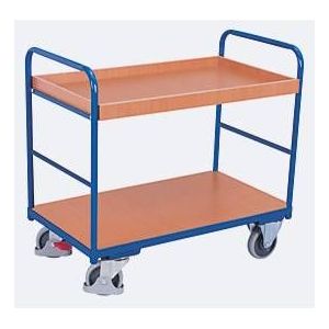 Etagenwagen, Stahl/MDF-Platte, Enzianblau/Buche-Dekor, 2 Etagen, 850 x 500 mm, EasySTOP, bis 250 kg
