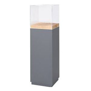 Präsentationssäule, 1 Fachboden, bis 30 kg, T 350 x H 1190 mm, Hirnholz-Eiche/Plexiglas, grau-matt