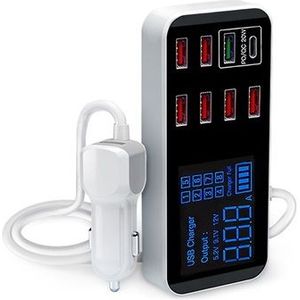 9-poorts autolader met LCD-scherm WLX-A9S+ - 7xUSB, QC3.0 USB, PD USB-C - 40W