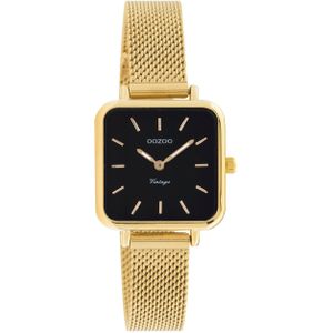 OOZOO - Vintage - Horloge - Goudkleurig - Zwarte Wijzerplaat - Metalen Mesh Armband
