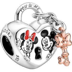 Pandora Disney 925 Sterling Zilveren Minnie and Mickey Heart Padlock and Key Bedel Met 14 Karaat Roségouden Plating 780109C01