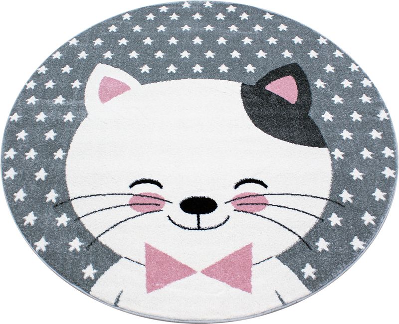 Rond Kindervloerkleed | Tapijt | Kids Leuke Kat | Roze | 160x160 cm