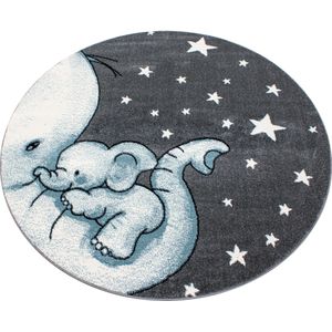 Rond Kindervloerkleed | Tapijt | Kids | Olifant | Blauw | 160x160 cm