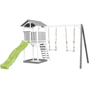 AXI Beach Tower Speeltoestel van hout in Grijs en Wit | Speeltoren met zandbak, dubbele schommel en limoen groene glijbaan | Speelhuis op palen voor de tuin
