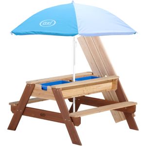 AXI Nick Picknicktafel / Zandtafel / Watertafel voor kinderen in bruin met parasol in blauw/wit |Multifunctionele Picknick tafel van hout