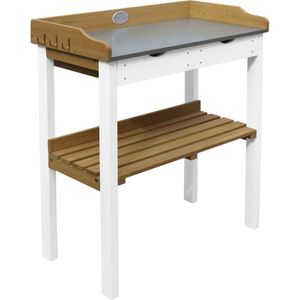 <p>Deze AXI bruin en witte oppottafel met 2 lades is een praktische aanvulling op je tuin of balkon. De plantentafel is gemaakt van FSC 100% Hemlock hout en is ontworpen met een zinken werkblad. Deze houtsoort splintert niet en is van nature bestand tegen weersinvloeden, zoals regen, en is bestand tegen houtrot. De tafel is behandeld met een beits op waterbasis, zonder chemicaliën.</p>
<p>Je kunt hem ook gebruiken als bankje. De 2 opbergvakken bieden veel opbergruimte voor planten, tuinaarde en bloempotten. Op het werkblad bieden de 6 haken ook de mogelijkheid om gereedschap zoals een hark of schop op te bergen. Zo heb je je tuingereedschap altijd binnen handbereik.</p>
<p>Door de praktische hoogte van het werkblad is deze oppottafel een optimale oplossing voor je rug. Je hoeft niet meer constant te bukken bij het verpotten van je planten. De AXI oppottafel is een opvallende, compacte en rugvriendelijke oplossing voor elke hobbytuinier.</p>
<ul>
  <li>Kleur: bruin en wit</li>
  <li>Materiaal: Hemlock hout</li>
  <li>Afmetingen: 76 x 37 x 92 cm (L x B x H)</li>
  <li>Afmetingen werkblad: 73 x 35 cm (L x B)</li>
  <li>Hoogte lade: 9 cm</li>
  <li>Werkhoogte: 84 cm</li>
  <li>Geschikt voor elke tuin of balkon</li>
  <li>Te gebruiken als bankje en als decoratief bijzettafeltje</li>
  <li>Zinken werkblad</li>
  <li>Behandeld met beits op waterbasis, zonder chemicaliën</li>
  <li>2 opberglades voor al het tuingereedschap</li>
  <li>6 haken om een hark of schop aan op te hangen</li>
  <li>Weerbestendig</li>
  <li>Rotbestendig</li>
  <li>Versplintert niet</li>
  <li>Eenvoudig te monteren</li>
  <li>Eenvoudig te reinigen</li>
</ul>