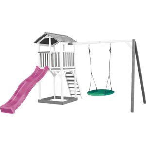 AXI Beach Tower Speeltoestel van hout in Grijs en Wit | Speeltoren met zandbak, nestschommel en paarse glijbaan | Speelhuis op palen voor de tuin