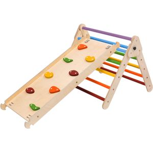 KateHaa Klimdriehoek van hout met ladder & klimwand in regenboogkleuren | Indoor Klimrek voor kinderen | Houten Montessori Speelgoed voor peuters