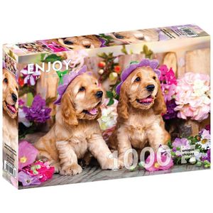 Puzzel 1000 stukjes Enjoy - Spanielpuppies met bloemhoeden