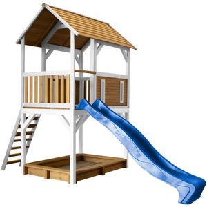 AXI Pumba Speelhuis op palen & blauwe glijbaan | Speelhuisje voor de tuin / buiten in bruin & wit van FSC hout | Speeltoestel voor kinderen