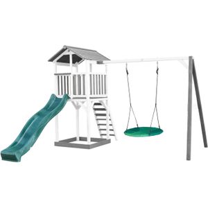 AXI Beach Tower Speeltoestel van hout in Grijs en Wit | Speeltoren met zandbak, nestschommel en groene glijbaan | Speelhuis op palen voor de tuin